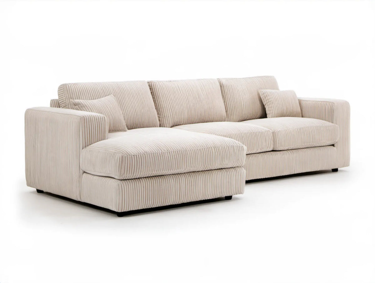 Kremowa sofa narożna w kształcie L z lewym szezlongiem, tapicerka sztruksowa, 280 x 160 x 85 cm