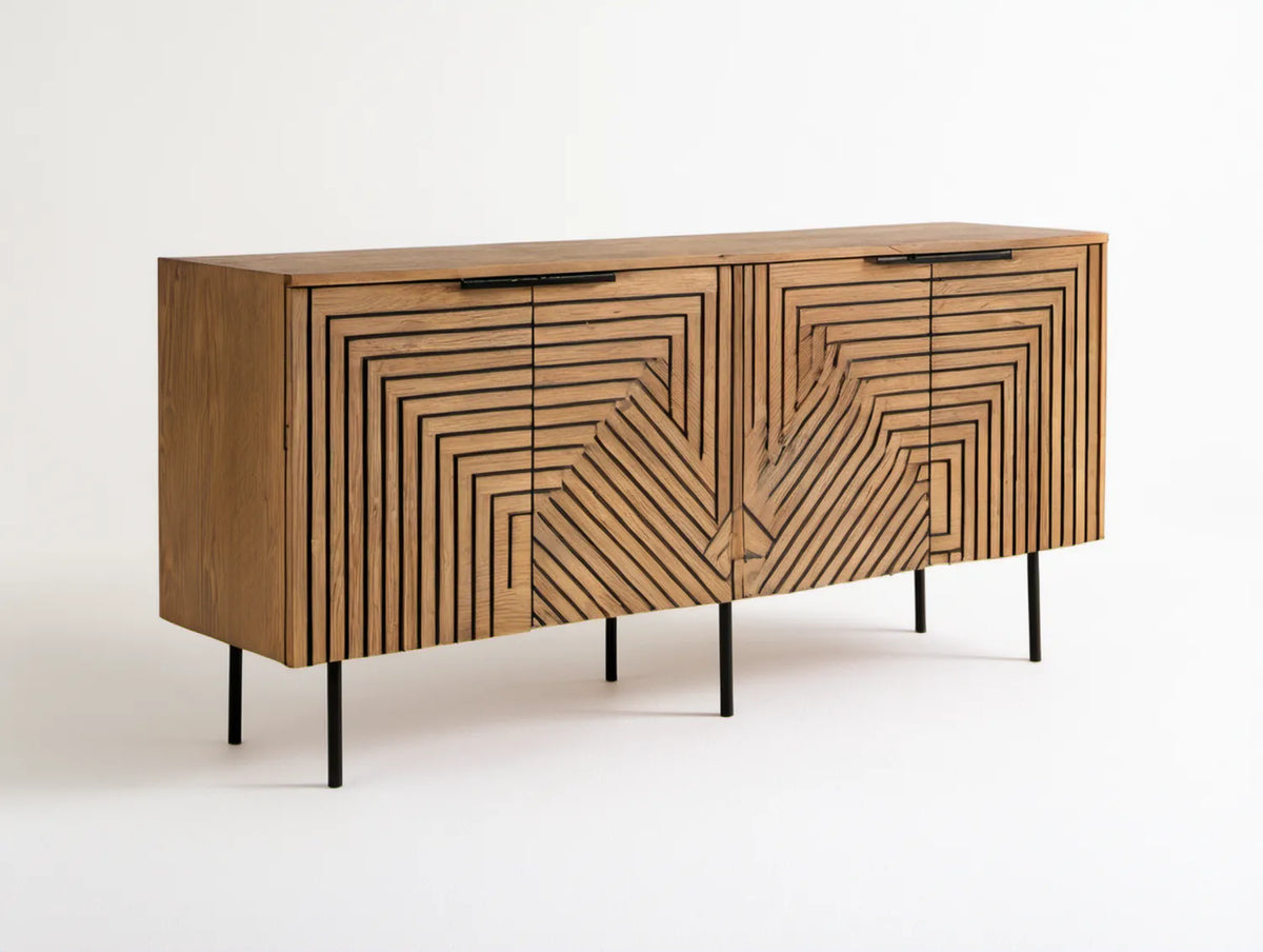 Kredens dębowy 4-drzwiowy z geometrycznym frezowaniem, 160 x 40 x 80 cm, naturalny dąb/czarny