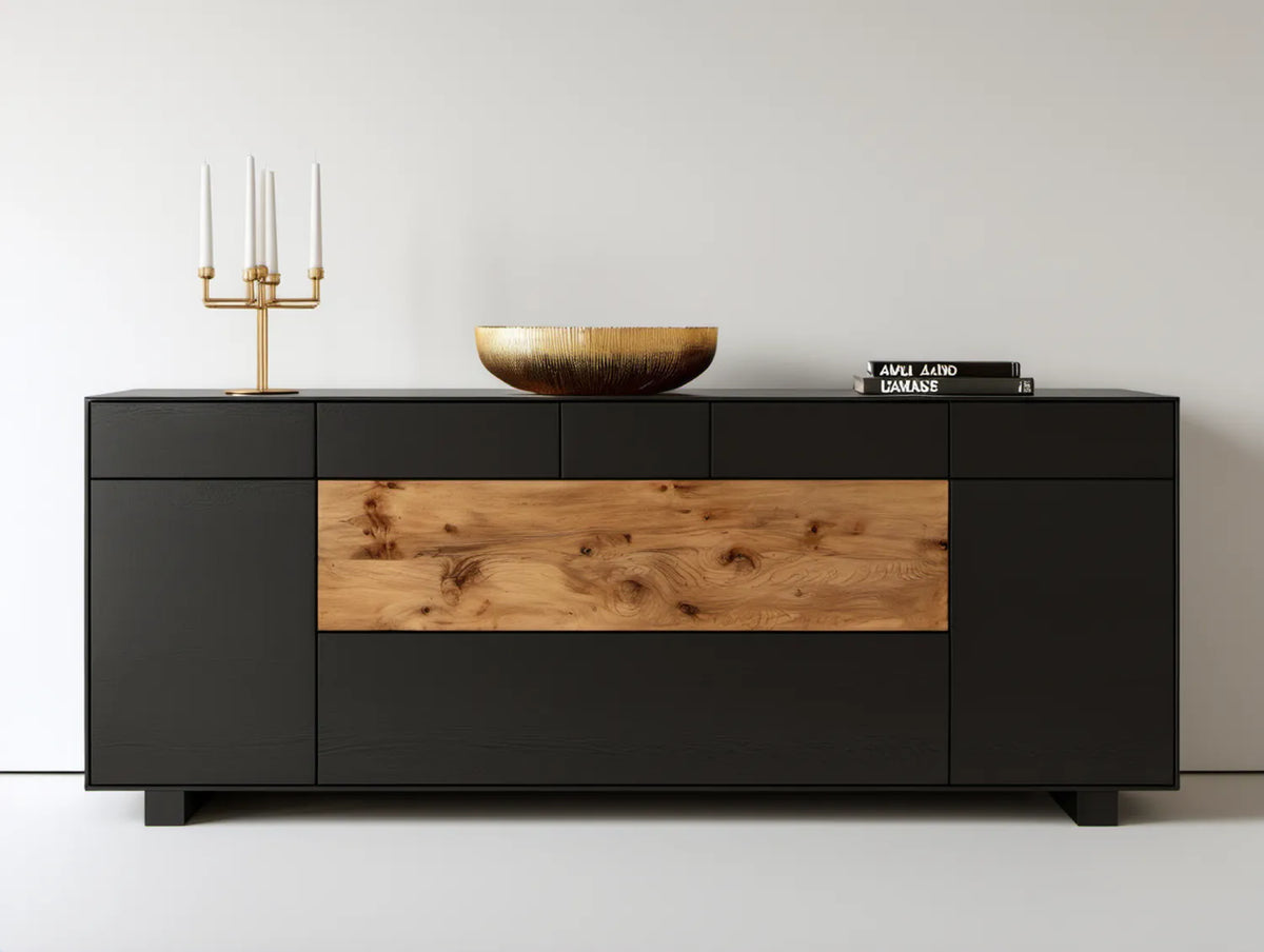 Czarna komoda z frontem z naturalnego dębu, MDF, 220 x 45 x 90 cm