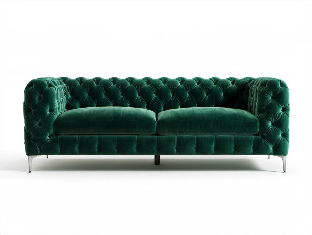 Trzyosobowa sofa Chesterfield z aksamitu poliestrowego, ciemnozielona, 225 x 90 x 75 cm