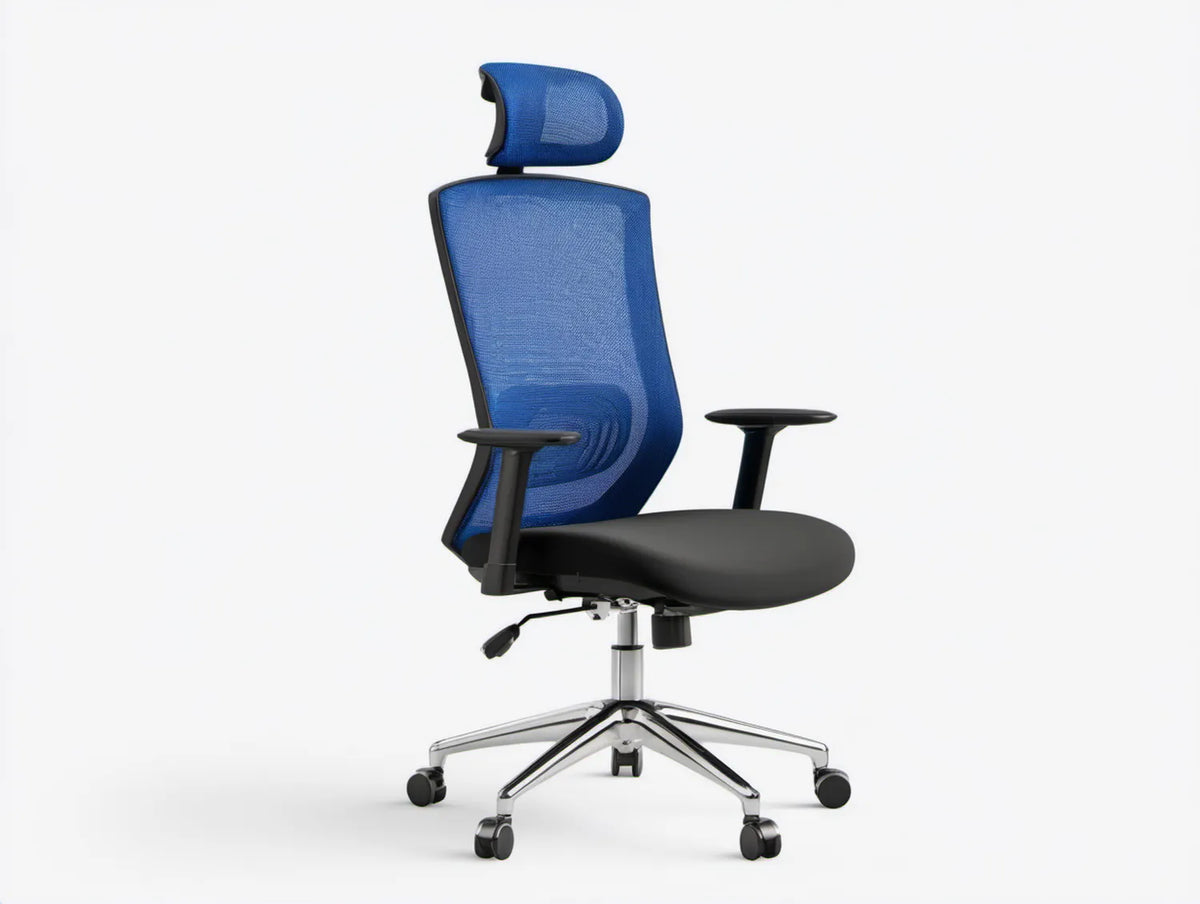 Ergonomiczne krzesło biurowe niebiesko-czarne z siatkowym oparciem, 65 x 65 x 118-128 cm