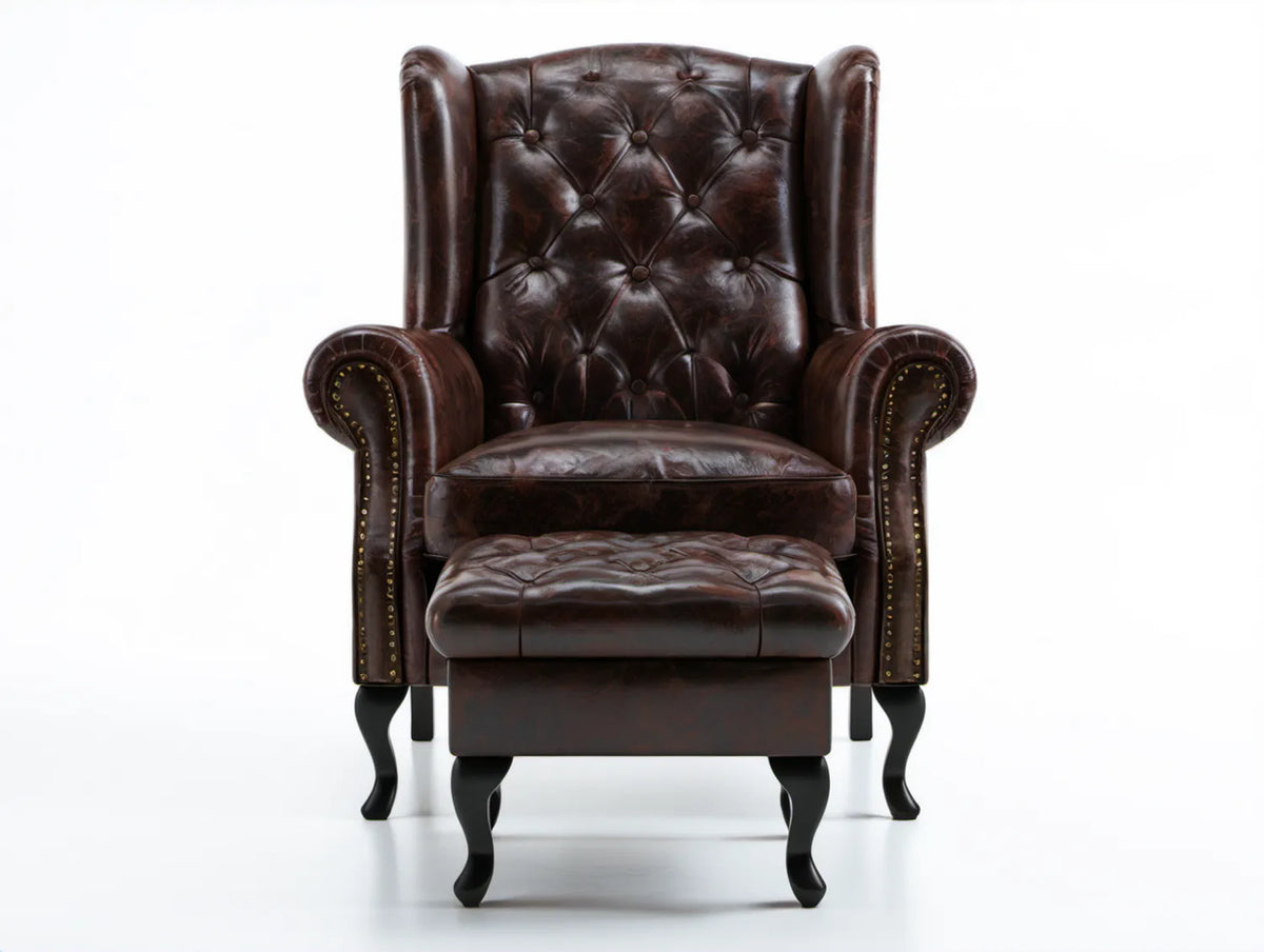 Fotel uszak Chesterfield z ekoskóry PU, ciemnobrązowy/czarny/antyczny mosiądz, 105 x 90 x 112 cm