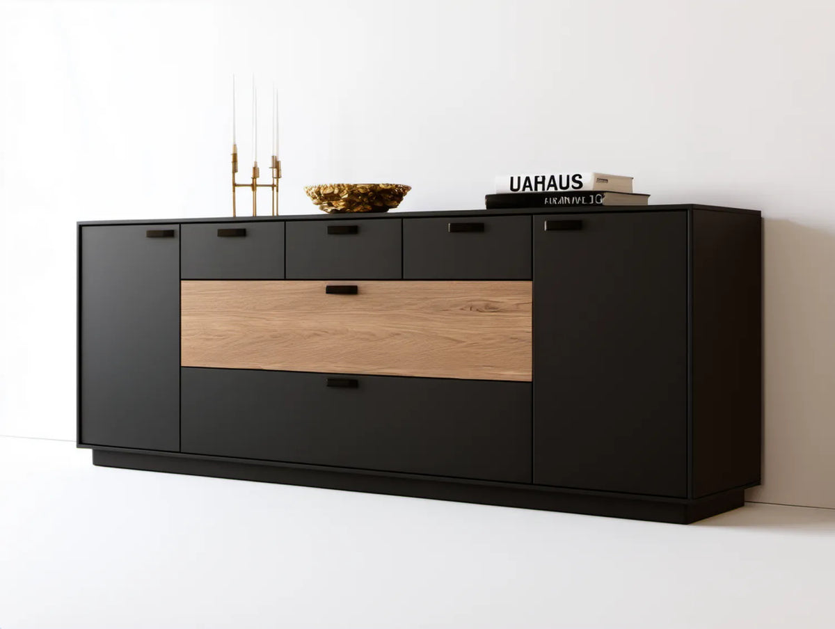 Kredens do jadalni 200 x 45 x 90 cm czarny matowy z dekorem naturalnego dębu