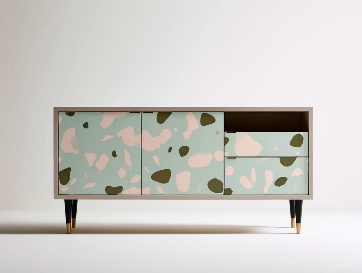 Prostokątna szafka RTV z płyty MDF miętowo-różowo-oliwkowa 160 x 40 x 75 cm