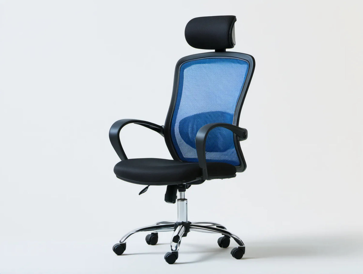 Ergonomiczne krzesło biurowe niebiesko-czarno-srebrne z siatkowym oparciem, 64 x 64 x 119–129 cm