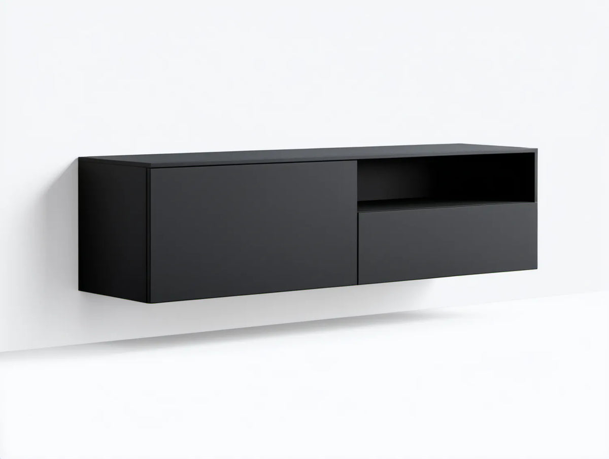 Wisząca szafka RTV z laminowanej płyty wiórowej 160 x 30 x 40 cm, czarna