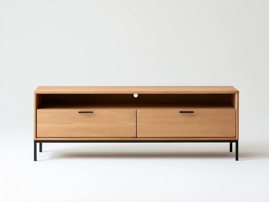 Szafka RTV z 2 szufladami, fornir dębowy naturalny, czarne elementy, 160 × 45 × 55 cm