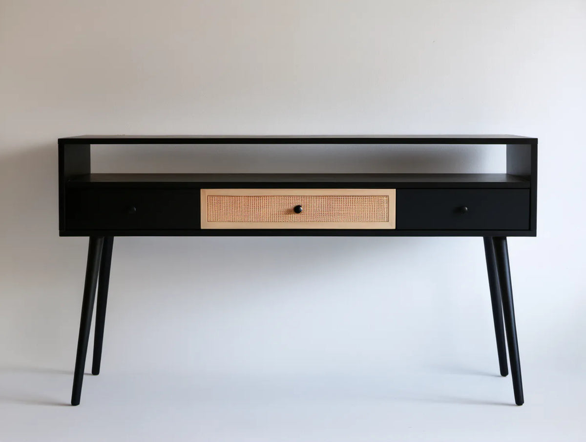 Kredens czarny z naturalną plecionką rattanową, 3 szuflady, 120 x 40 x 80 cm