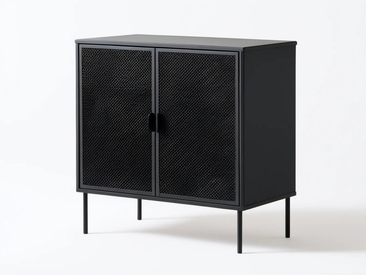 Czarny metalowy kredens z drzwiami z siatki stalowej 80 x 40 x 90 cm