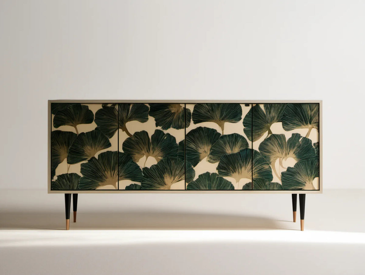 Czterodrzwiowy kredens z motywem liści miłorzębu, 180 x 40 x 80 cm, beżowo-zielono-czarny ze złotymi detalami