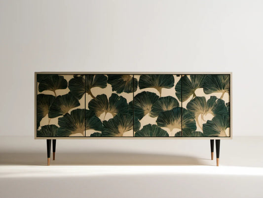 Czterodrzwiowy kredens z motywem liści miłorzębu, 180 x 40 x 80 cm, beżowo-zielono-czarny ze złotymi detalami