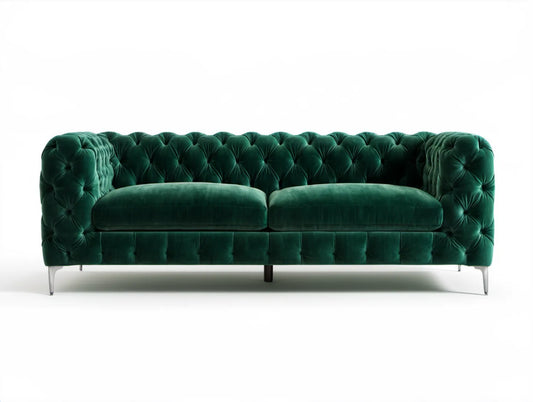 Trzyosobowa sofa Chesterfield z aksamitu poliestrowego, ciemnozielona, 225 x 90 x 75 cm