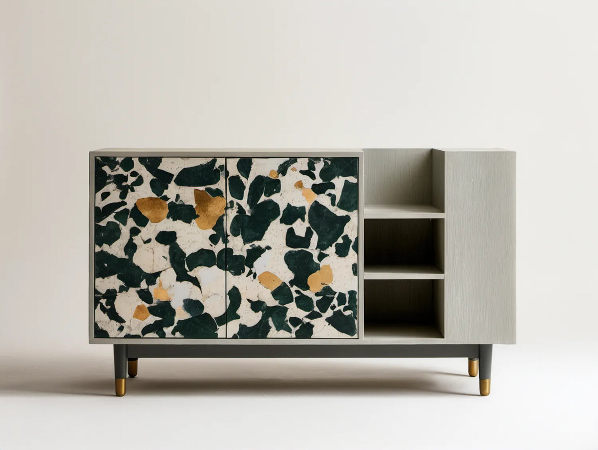 Kredens szary z frontami terrazzo, 160 x 40 x 85 cm