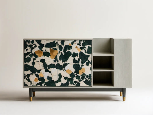 Kredens szary z frontami terrazzo, 160 x 40 x 85 cm