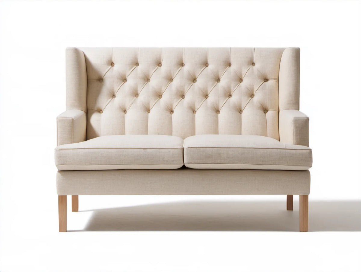 Kremowa sofa dwuosobowa z pikowanym oparciem, 150 x 85 x 105 cm