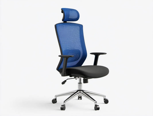 Ergonomiczne krzesło biurowe niebiesko-czarne z siatkowym oparciem, 65 x 65 x 118-128 cm