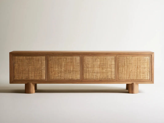 Kredens czterodrzwiowy z litego drewna mango i rattanu, brązowo-beżowy, 180 x 45 x 75 cm