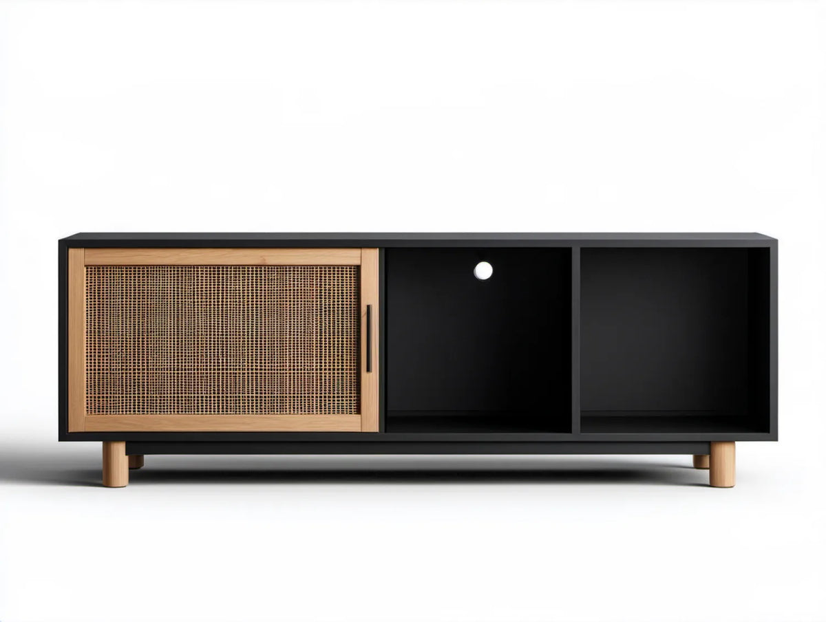 Szafka RTV 160 x 40 x 55 cm Czarna/Naturalny Dąb z frontem rattanowym