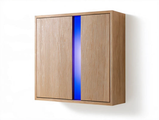 Wisząca szafka ścienna LED 120 x 90 x 30 cm, dąb naturalny/niebieski