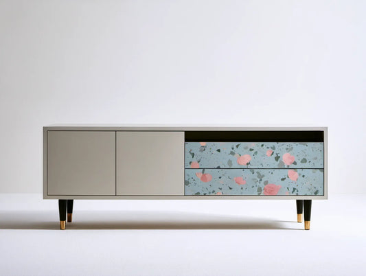 Beżowa szafka RTV z frontami terrazzo, 180 x 40 x 65 cm