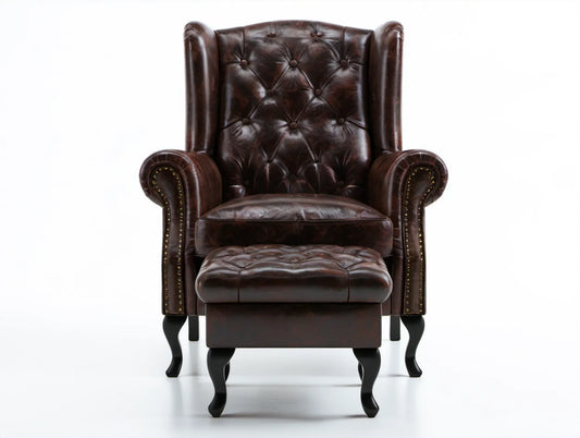 Fotel uszak Chesterfield z ekoskóry PU, ciemnobrązowy/czarny/antyczny mosiądz, 105 x 90 x 112 cm