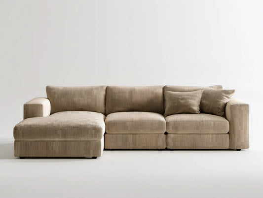 Beżowa sztruksowa sofa narożna z lewym szezlongiem 280 x 160 x 85 cm