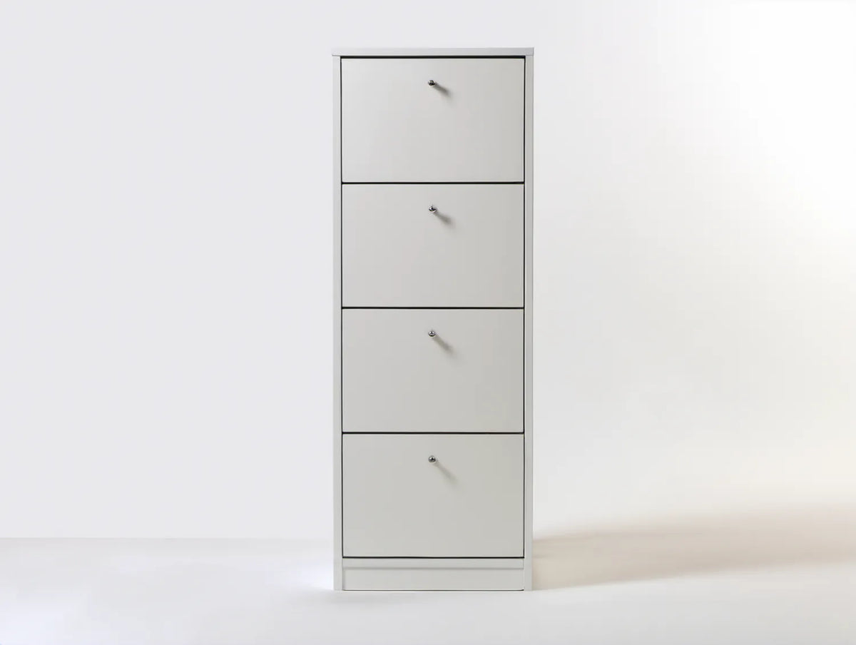 Biała szafka na buty z płyty wiórowej laminowanej, 60 x 24 x 160 cm, 4 uchylne komory