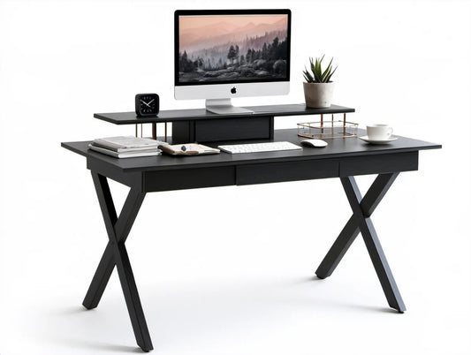 Czarne biurko z półką na monitor i 2 szufladami, 120 x 60 x 90 cm