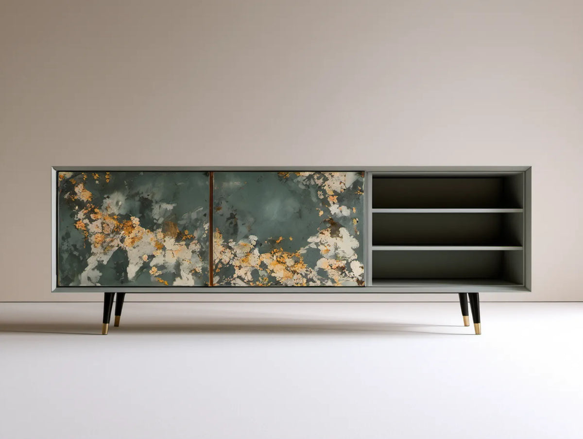Kredens z 2 drzwiami przesuwnymi, szary z dekoracyjnym nadrukiem, MDF i stal, 180 x 40 x 75 cm