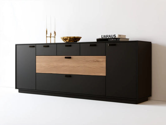 Kredens do jadalni 200 x 45 x 90 cm czarny matowy z dekorem naturalnego dębu