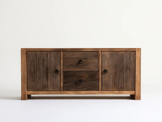 Brązowa szafka RTV z litego drewna mango 140 x 40 x 60 cm, 2 drzwi i 2 szuflady