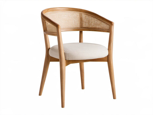Beżowe krzesło do jadalni z podłokietnikami, lite drewno dębowe i rattan, 57 x 55 x 79 cm